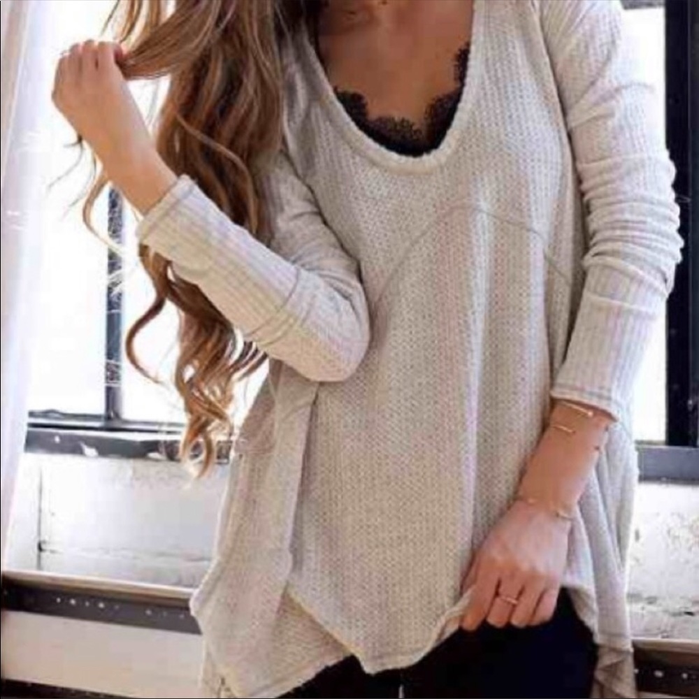 Free People Waffle Knit Empire Waist Tunic Light Gray New Condition XS